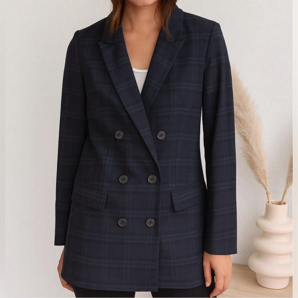 Aritzia Babaton Samuel Double Breasted Navy Everest Green Plaid Blazer Size 6
